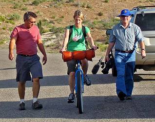 Picture of cast and crew on their way to a set up on Bakersfield Road.