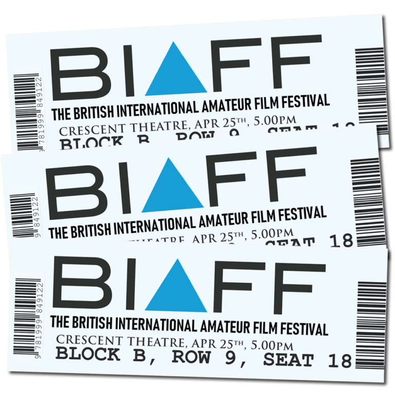 A trio of mockup tickets for the BIAFF film festival at the crescent theatre, birmingham on 25th April 2025